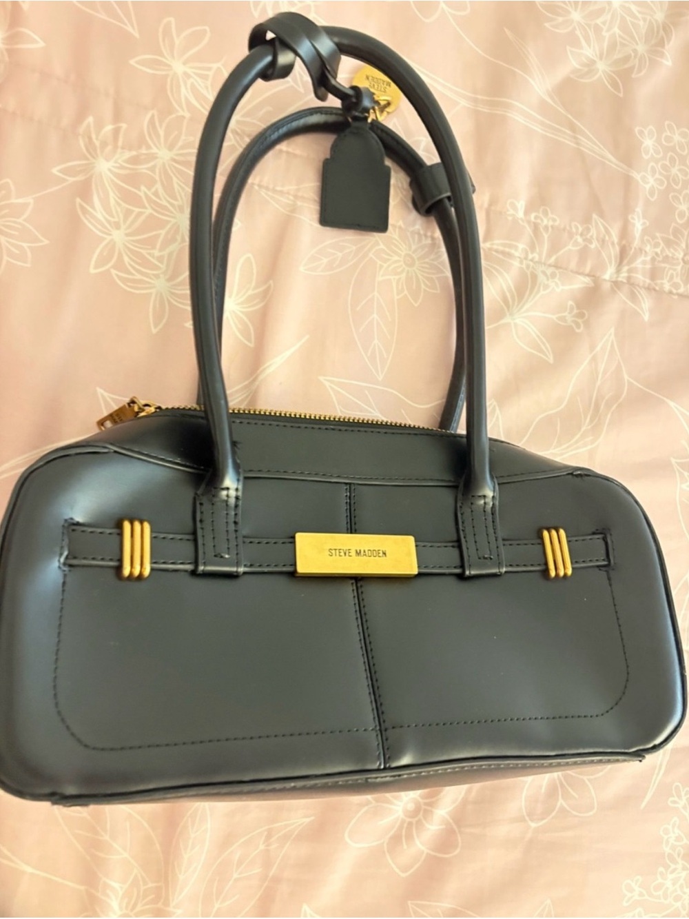 Steve Madden Black Leather Satchel with Gold Hardware